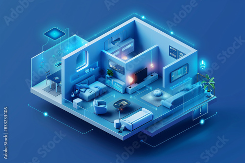 An isometric depiction of a modern smart home interior showcases an AI-driven management system for home components. The minimalist color palette and abundant copy space emphasize the futuristic and