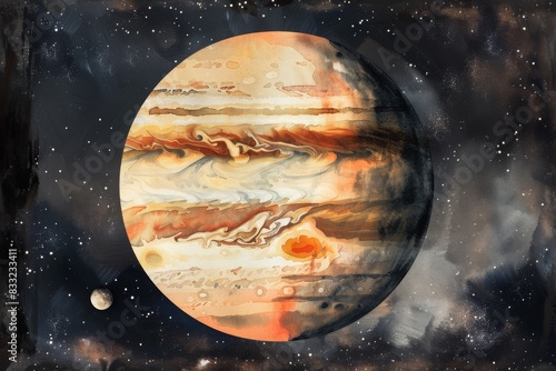 A detailed watercolor illustration of Jupiter, showcasing its iconic stripes and the Great Red Spot, with a distant moonscape backdrop. photo