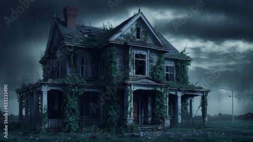 A dark and creepy looking abandoned haunted house with vines growing on it, AI © starush