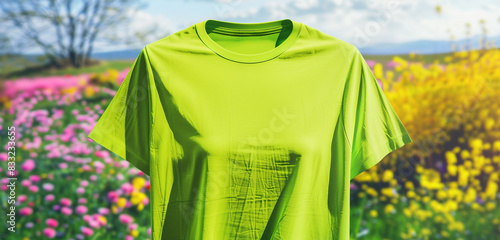 Bright lime t-shirt mock-up detailed against a backdrop of a lush spring meadow. photo