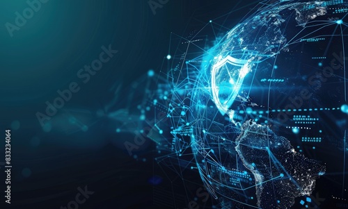 Abstract digital planet Earth with shield symbol on blue background, cyber security concept. Global internet map in space, global internet protection