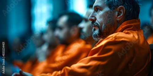 Defendant in Orange Jumpsuit Testifying in Court During Legal Proceedings. Concept Legal System, Criminal Justice, Courtroom Setting, Witness Testimony, Defendant Testifying photo