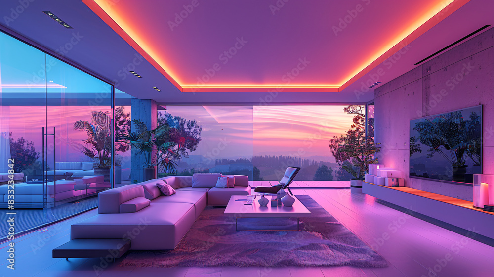 Fototapeta premium Inside a futuristic smart home, various devices are seamlessly integrated into the AI management system, with augmented reality interfaces displaying real-time data. The room features a minimal color