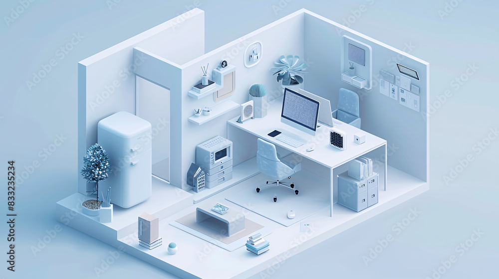 An isometric illustration of a smart home office equipped with AI-augmented reality tools, showing the integration of various smart devices in a sleek, minimal color environment with copy space. An isometric illustration of a smart home office equipped with AI-augmented reality tools, showing the integration of various smart devices in a sleek, minimal color environment with copy space.