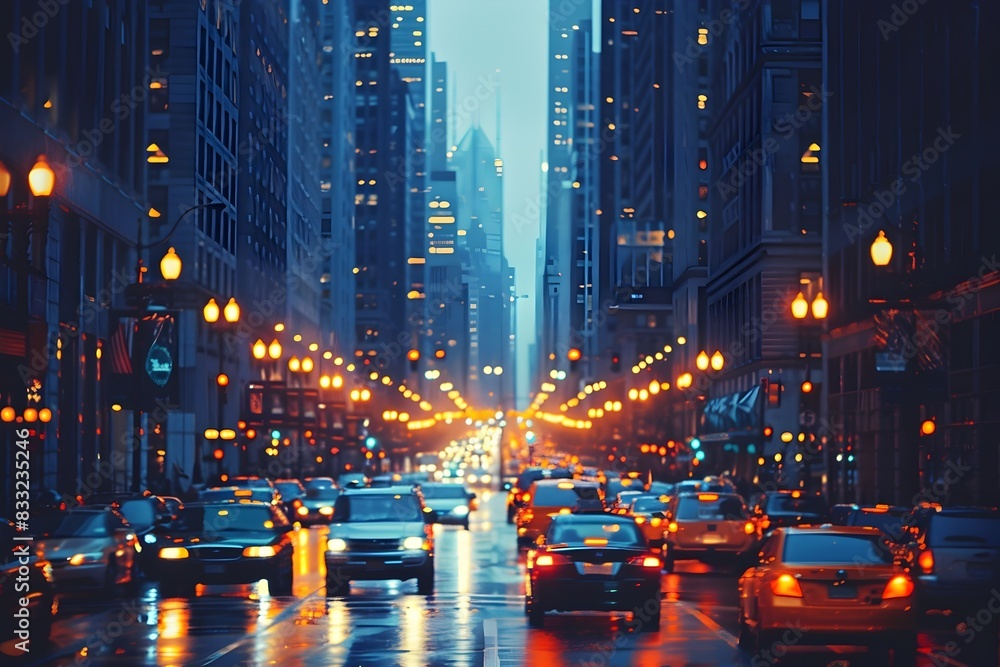 Obraz premium Captivating Urban Twilight Cityscape with Towering Skyscrapers and Vibrant Street Traffic