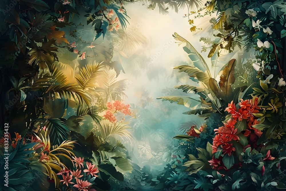 Obraz premium Enchanted Tropical Paradise:A Whimsical Worm's-Eye View of a Lush,Dreamlike Landscape