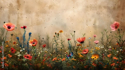 Enchanting Floral Garden Blossoms Against Vintage Parchment Backdrop © TEERAWAT