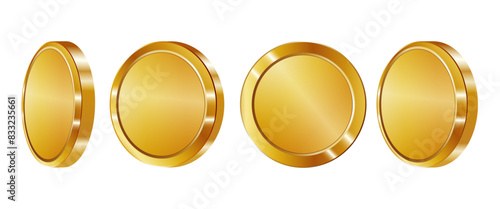 Set of gold blank metal coin, 3D realistic money, cash, treasure. Game assets, payment signs, bank, financial symbols vector illustration isolated on transparent background