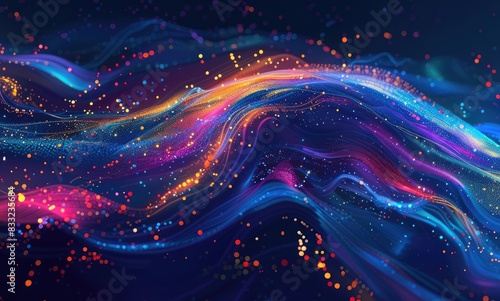 Abstract futuristic background with colorful digital data and connection lines on a dark blue color for technology. An oil painting illustration