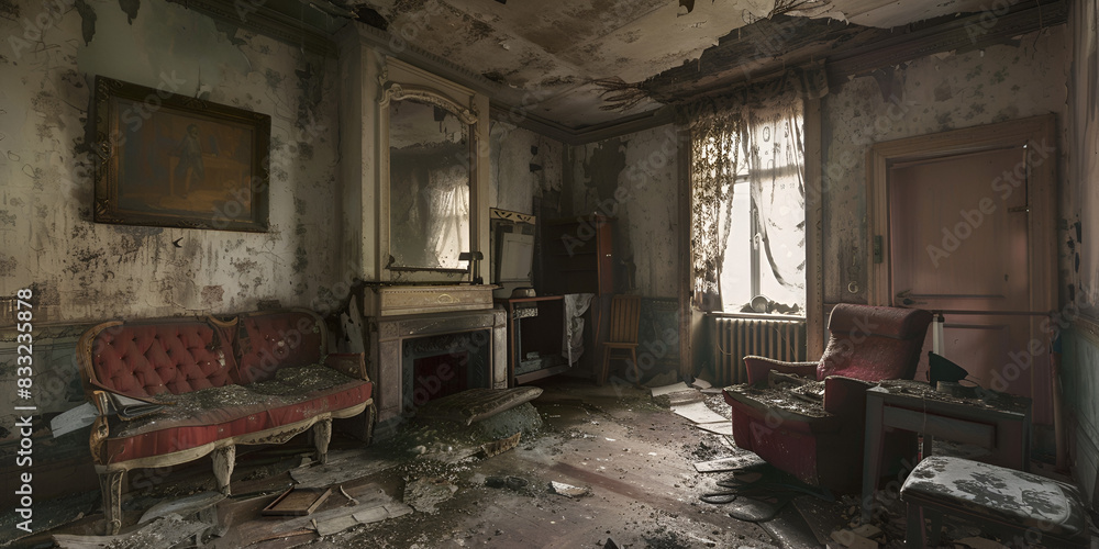 A deserted room with a worn-out couch and a dusty mirror.