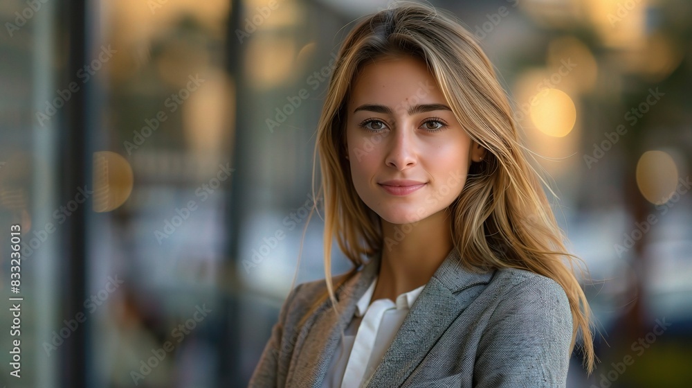 Young professional woman in a sleek black blazer, smiling confidently, with a colorful cityscape background Young professional woman in a sleek black blazer, smiling confidently, with a colorful cityscape background