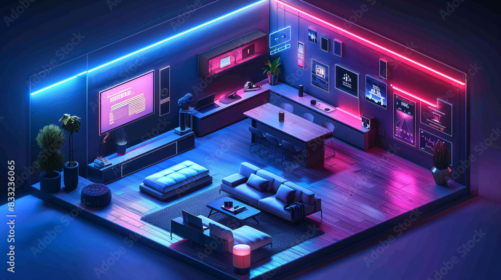 A futuristic living space with an AI-managed smart home system displayed on a transparent wall panel, controlling various home components. The design is isometric, minimal, and provides plenty of A futuristic living space with an AI-managed smart home system displayed on a transparent wall panel, controlling various home components. The design is isometric, minimal, and provides plenty of