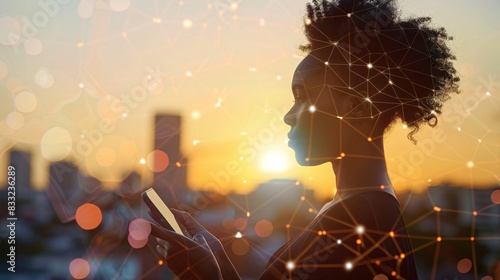 Profile silhouette of black woman using smart phone and communication network concept. Telecommunication. IoT (Internet of Things). ICT (Information communication Technology). 5G. photo