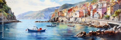 Peaceful fishing village riomaggiore cliffside colorful buildings cinque terre coast. Italian mediterranean europe photo