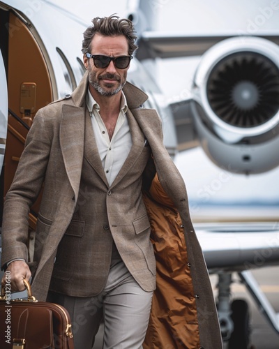 Handsome man in stylish business suit on the luxury jet background.