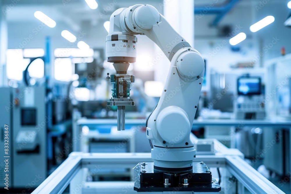 Robotic arm in modern factory setting. Robotic arm in modern factory setting.
