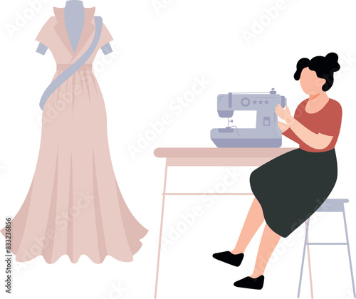 A female sits by a sewing machine.