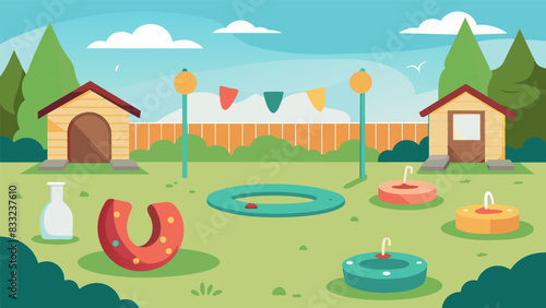 Outdoor games like and horseshoes were set up in the backyard providing a fun and relaxed atmosphere for neighbors to bond at the welcome party.. Vector illustration