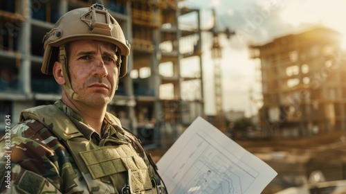 The picture of the military architect is working inside the construction site to planning to create the building structure, the architect require building knowledge and material knowledge. AIG43.