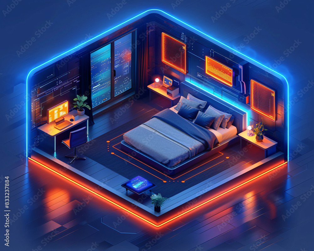 An isometric depiction of a modern smart home s bedroom, featuring AI ...