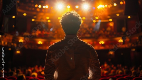 A man takes center stage at a theater, facing an audience in anticipation of a performance 