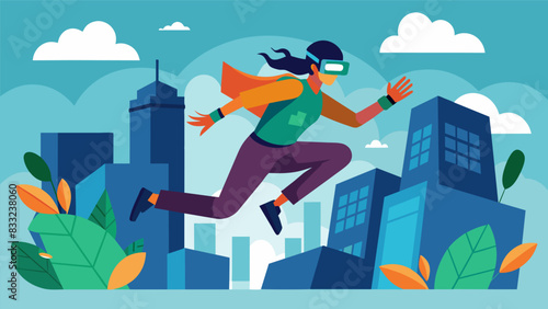 Battle your way through a VR urban jungle leaping across buildings and tackling various physical obstacles along the way.. Vector illustration