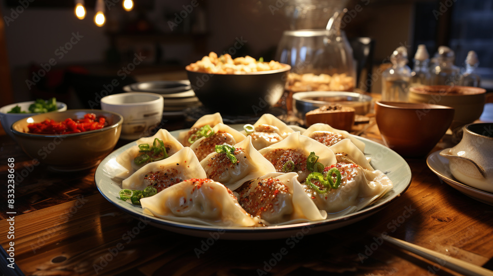 Delicious Homemade Dumplings Kitchen Table Subtle Christmas Decorations On Blurry Background Delicious Homemade Dumplings Kitchen Table Subtle Christmas Decorations On Blurry Background