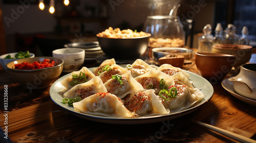 Delicious Homemade Dumplings Kitchen Table Subtle Christmas Decorations On Blurry Background