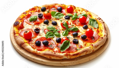An image of a pizza isolated on a white background, perfect for food menus or culinary presentations