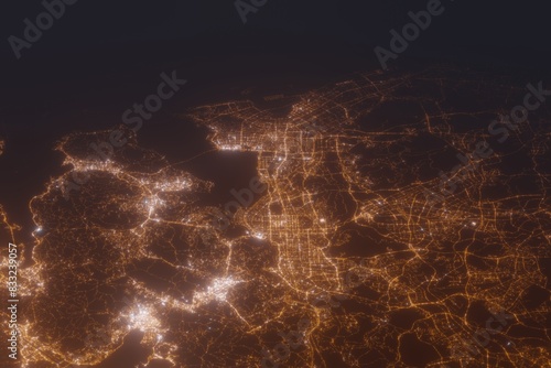 Aerial shot on Shenzhen (China) at night, view from east. Imitation of satellite view on modern city with street lights and glow effect. 3d render