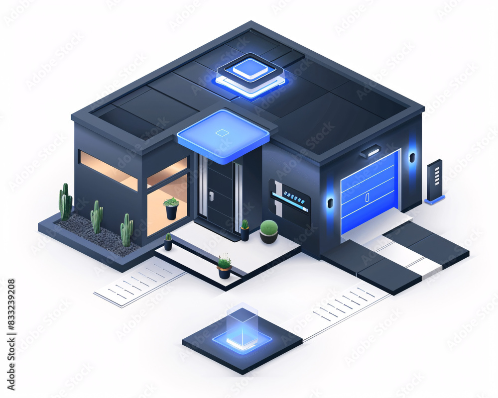 An isometric view of a modern smart home s entryway, showcasing AI and augmented reality enhancements. The area includes smart security systems, automated lighting, and intelligent visitor An isometric view of a modern smart home s entryway, showcasing AI and augmented reality enhancements. The area includes smart security systems, automated lighting, and intelligent visitor