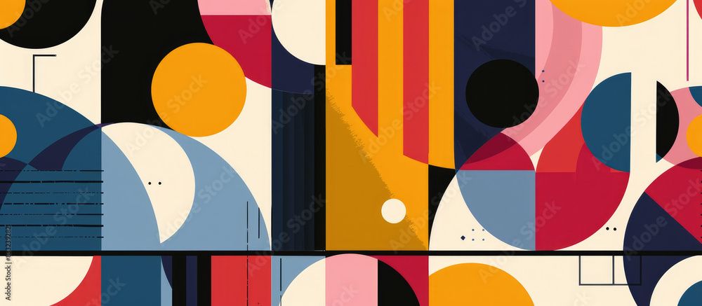 Vibrant and dynamic flat illustrations with bold shapes and geometric patterns in a color palette of red, pink, yellow, blue, purple, black and white Vibrant and dynamic flat illustrations with bold shapes and geometric patterns in a color palette of red, pink, yellow, blue, purple, black and white