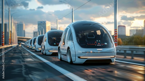 Self-Driving Vehicles: Depict self-driving vehicles on a futuristic highway, showcasing their sleek design and advanced navigation systems. © tanongsak