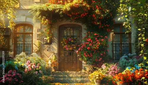 Fototapeta Naklejka Na Ścianę i Meble -  An image of a house adorned with flowers, creating a charming and picturesque home environment