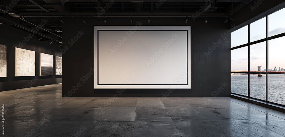Profound and striking wide view in a minimalist gallery featuring a massive empty frame on a jet black wall. Profound and striking wide view in a minimalist gallery featuring a massive empty frame on a jet black wall.