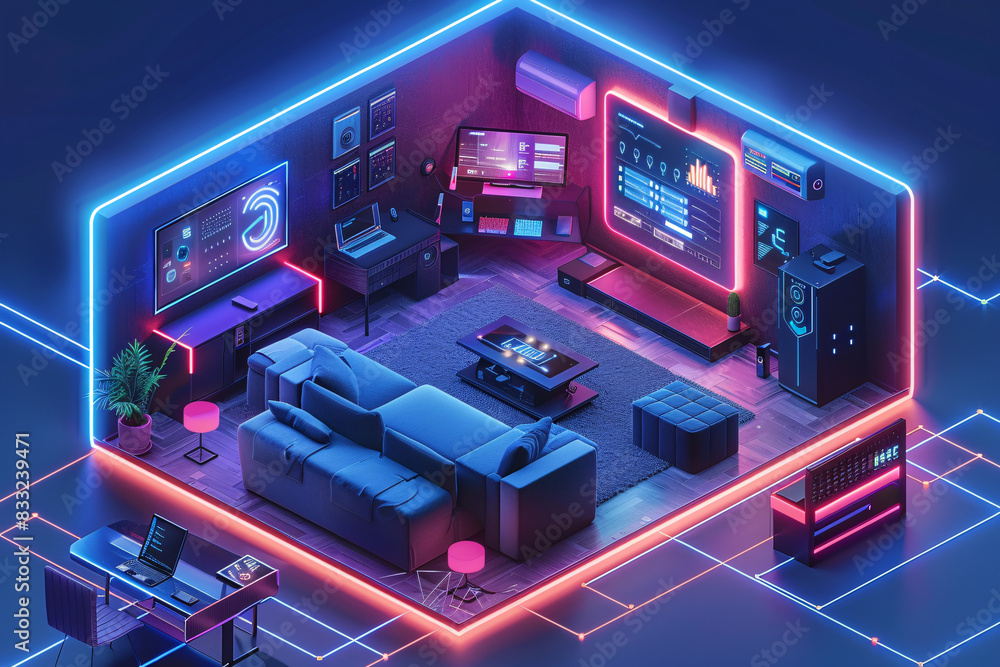 A sleek and futuristic interior of an AI-augmented reality smart home showcases various modern smart home components seamlessly integrated into the minimalist decor. The isometric perspective A sleek and futuristic interior of an AI-augmented reality smart home showcases various modern smart home components seamlessly integrated into the minimalist decor. The isometric perspective