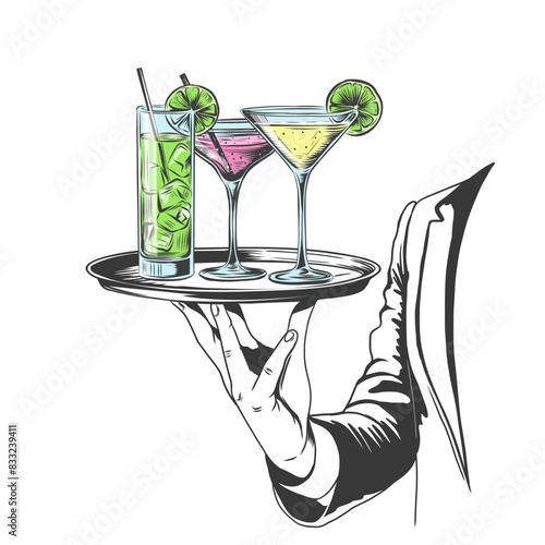Waiter holding serving tray with cocktail glasses. Margarita, mojito, cosmopolitan alcohol drinks. Vector illustration isolated on white background