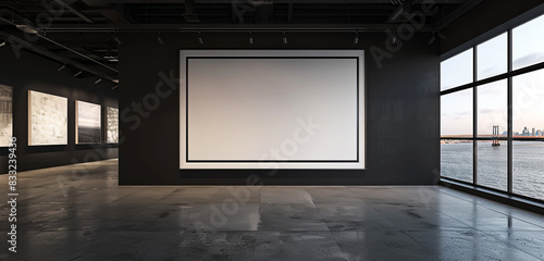 Profound and striking wide view in a minimalist gallery featuring a massive empty frame on a jet black wall. photo