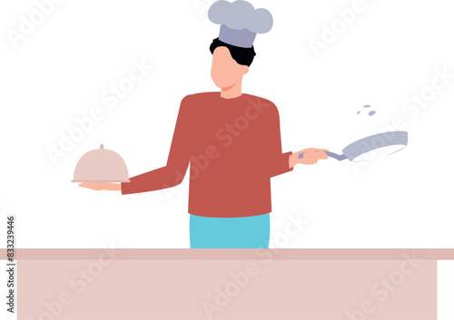The chef is cooking in the kitchen.