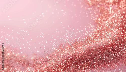 Light pink minimalistic festive glamorous background with scattered metal glitter in delicate pastel colors. Golden pink sparkles on pink background, elegant celebration, delicate pastel hues. © Na ZIm