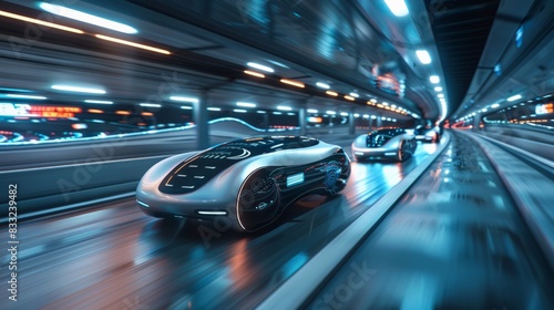 Self-Driving Vehicles: Depict self-driving vehicles on a futuristic highway, showcasing their sleek design and advanced navigation systems. © tanongsak