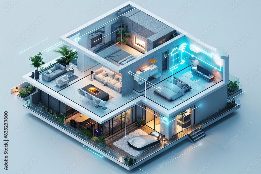 A detailed isometric view of a modern smart home interior reveals AI-augmented reality features managing lighting, climate, and security systems. The minimalist color palette and abundant copy space A detailed isometric view of a modern smart home interior reveals AI-augmented reality features managing lighting, climate, and security systems. The minimalist color palette and abundant copy space