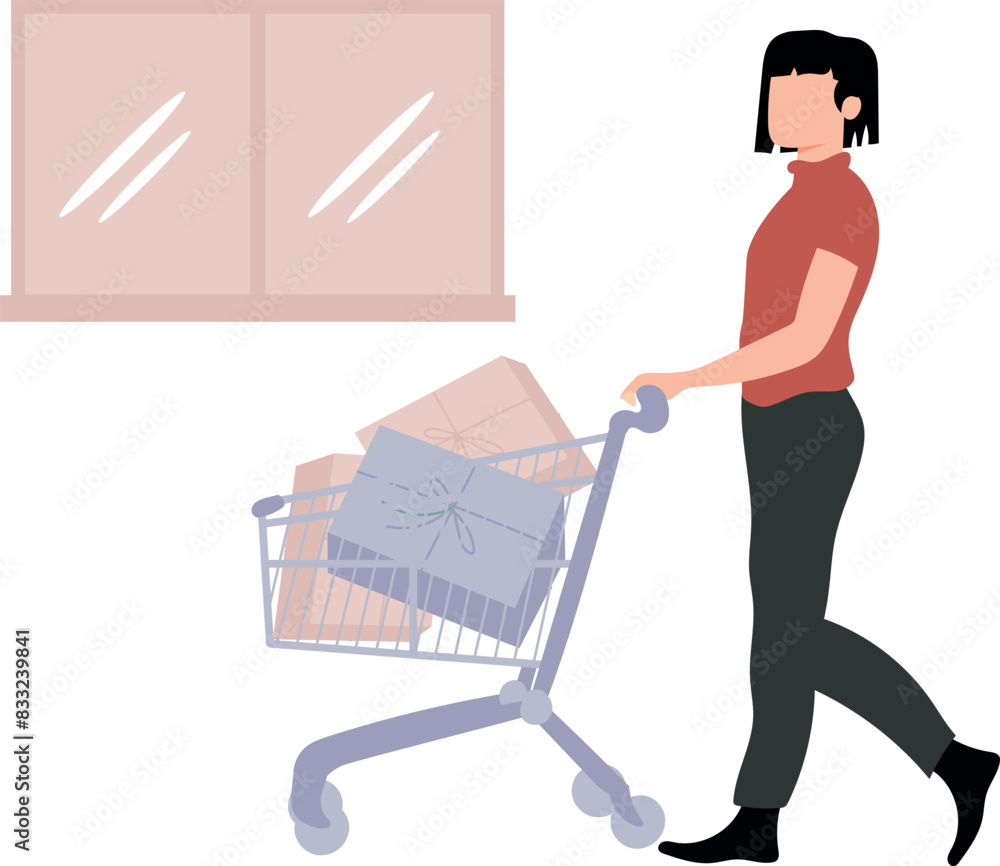 The girl is carrying the shopping trolley. The girl is carrying the shopping trolley.
