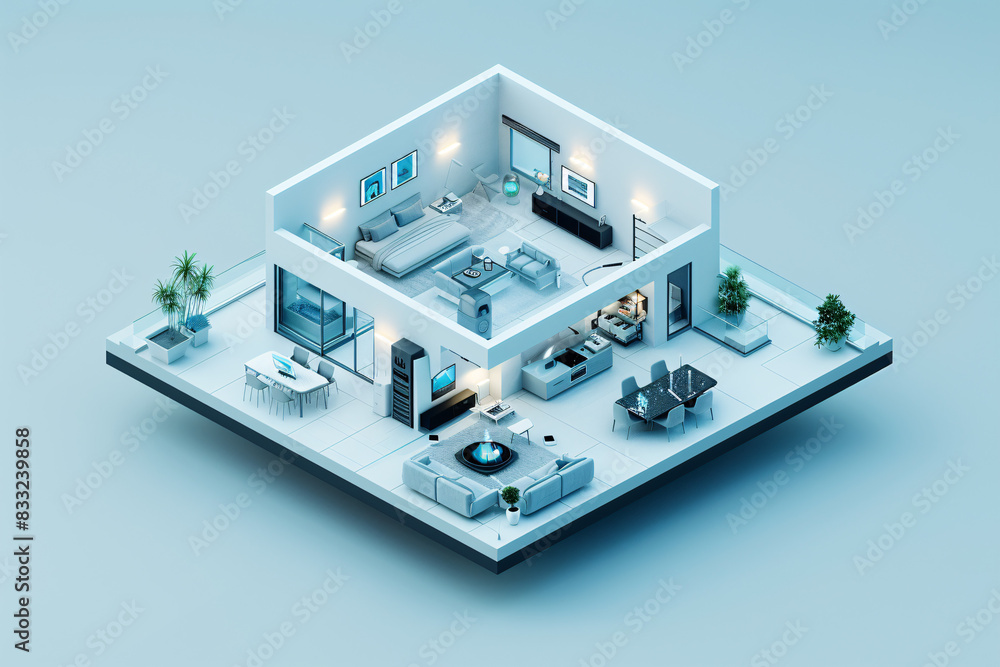The interior of a futuristic smart home, depicted in an isometric style, highlights AI-driven management systems for various home components. The clean, minimal color scheme and generous copy space The interior of a futuristic smart home, depicted in an isometric style, highlights AI-driven management systems for various home components. The clean, minimal color scheme and generous copy space