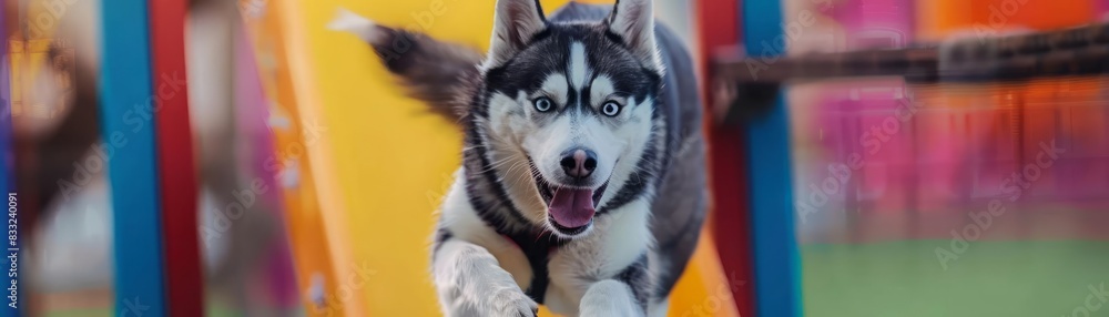 A closeup half body of a charismatic Siberian Husky running through an agility course, colorful Strange Bizarre sharpen blur background with copy space