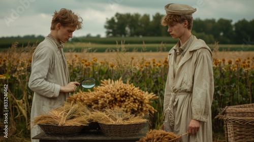 green environment, the front man is wearing a white coat and standing with a magnifying glass to observe the mini version of the prairie on the table.