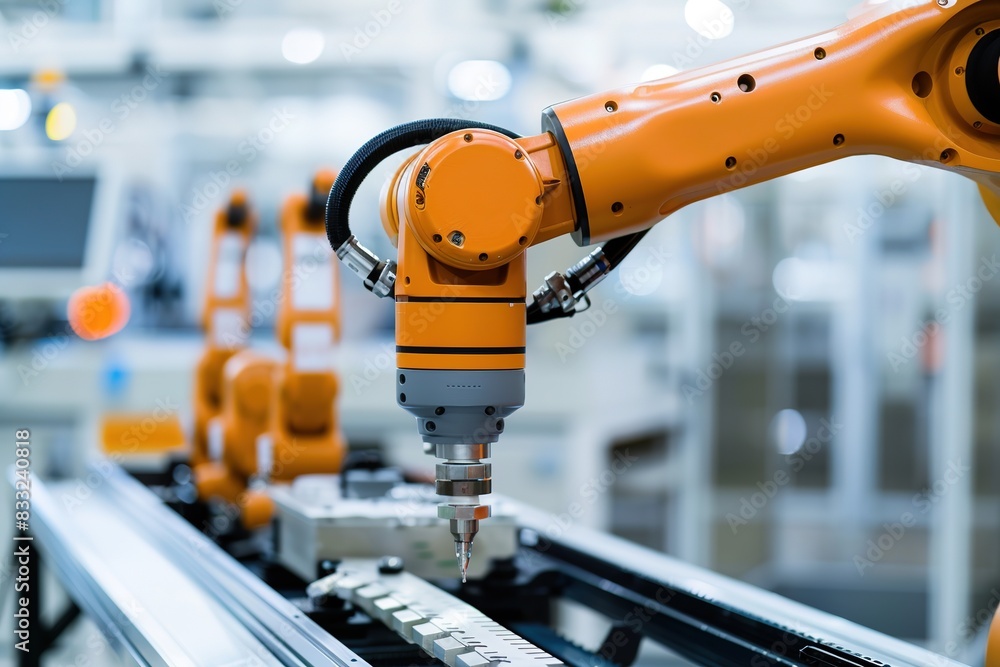 Bright orange robotic arm in action on production line. Bright orange robotic arm in action on production line.