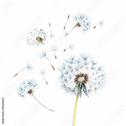 Watercolor painting of dandelion seeds floating and dispersing in the air  on isolated white background  Generative AI