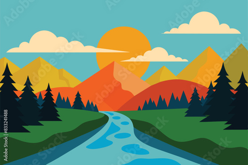 River Morning Sunrise Afternoon Sunset Mountain Forest Rural Landscape vector Illustration