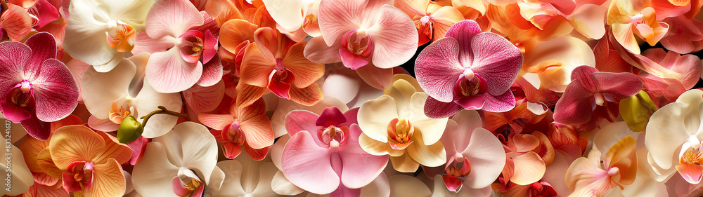Colorful arrangement of vibrant orchid flowers in various shades and hues. Copy space. Generative AI	 